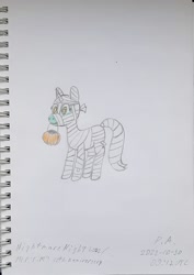 Size: 1419x2000 | Tagged: safe, artist:pink amena, lyra heartstrings, pony, unicorn, mlp fim's twelfth anniversary, g4, bag, clothes, colored pencil drawing, costume, mouth hold, mummy, nightmare night, nightmare night costume, partial color, pencil drawing, solo, traditional art