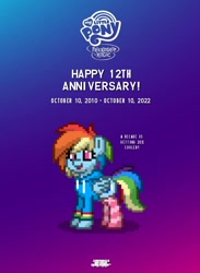 Size: 720x984 | Tagged: safe, derpibooru exclusive, editor:yappwikia alicorn-stevonnie fandom, rainbow dash, pegasus, pony, mlp fim's twelfth anniversary, pony town, g4, clothes, female, gradient background, mare, my little pony logo, socks, solo, striped socks, text