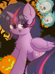 Size: 975x1300 | Tagged: safe, artist:grithcourage, twilight sparkle, alicorn, pony, mlp fim's twelfth anniversary, g4, confused, cute, female, holding, pumpkin, shaking, signature, skull, solo, twilight sparkle (alicorn)