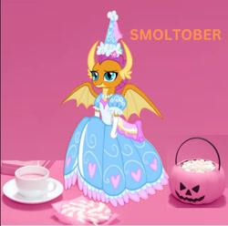 Size: 1396x1384 | Tagged: safe, artist:darlycatmake, smolder, g4, beautiful, candy, clothes, costume, cup, cute, dragon wings, dress, flower, food, froufrou glittery lacy outfit, gloves, halloween, halloween costume, happy, holiday, jewelry, long gloves, looking at you, necklace, pink background, princess, princess smolder, puffy sleeves, relaxed, relaxed face, simple background, smiling, smiling at you, smolderbetes, spread wings, tea, teacup, wings