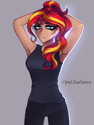 Size: 2150x2840 | Tagged: safe, artist:opal_radiance, sunset shimmer, human, equestria girls, g4, arm behind head, armpits, clothes, female, high res, humanized, ponytail, raised arms, singlet, sleeveless, solo, tank top