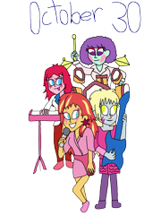 Size: 3000x4157 | Tagged: safe, artist:bigpurplemuppet99, blueberry pie, derpy hooves, raspberry fluff, sunset shimmer, human, equestria girls, g4, drums, electric guitar, guitar, jem and the holograms, keyboard, microphone, musical instrument, simple background, the muffins, transparent background