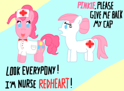 Size: 1054x776 | Tagged: artist needed, source needed, safe, nurse redheart, pinkie pie, earth pony, pony, g4, duo, no pupils, nurse, nurse outfit, pinktober, simple background