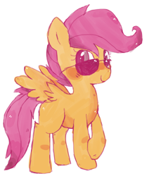 Size: 836x1000 | Tagged: safe, artist:sunomii, scootaloo, pegasus, pony, g4, blank flank, cropped, cute, cutealoo, female, filly, foal, simple background, smiling, solo, spread wings, sunglasses, white background, wings