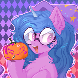 Size: 1000x1000 | Tagged: safe, alternate version, artist:thieftea, izzy moonbow, pony, unicorn, g5, chest fluff, clothes, ear fluff, female, glasses, hat, horn, looking at you, mare, pumpkin, simple background, smiling, solo, trixie's hat