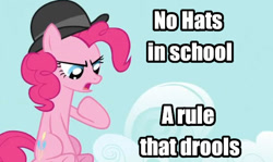 Size: 612x364 | Tagged: source needed, safe, edit, edited screencap, screencap, pinkie pie, earth pony, pony, g4, season 3, too many pinkie pies, bowler hat, caption, female, hat, hooves, image macro, mare, meme, pointing, pointing at self, rhyme, solo, text, upset