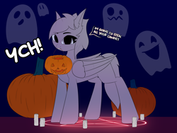 Size: 4800x3600 | Tagged: safe, artist:kainy, ghost, pony, undead, candle, commission, ear fluff, folded wings, halloween, holiday, jack-o-lantern, looking at you, mouth hold, pentagram, pumpkin, ritual, satanic ritual, solo, standing, wings, your character here