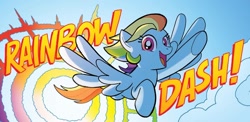 Size: 1334x653 | Tagged: safe, artist:tony fleecs, idw, rainbow dash, pegasus, pony, g4, my little pony: friends forever, spoiler:comic, dialogue, female, flying, mare, solo, sonic rainboom