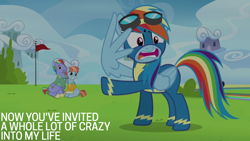 Size: 1920x1080 | Tagged: safe, edit, edited screencap, editor:quoterific, screencap, bow hothoof, rainbow dash, windy whistles, pegasus, pony, g4, parental glideance, angry, clothes, female, grin, male, mare, open mouth, rainbow dash is not amused, rainbow dash's parents, smiling, spread wings, stallion, trio, unamused, uniform, wing hands, wings, wonderbolts uniform