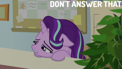 Size: 1280x720 | Tagged: safe, edit, edited screencap, editor:quoterific, screencap, phyllis, starlight glimmer, pony, unicorn, a horse shoe-in, g4, floppy ears, philodendron, plant, sad, starlight's office