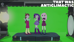 Size: 1920x1080 | Tagged: safe, edit, edited screencap, editor:quoterific, screencap, fleur-de-lis, rarity, velvet sky, human, equestria girls, friendship games bloopers, g4, blooper, clothes, crystal prep academy uniform, eyes closed, female, green screen, plaid skirt, pleated skirt, school uniform, shrug, skirt, trio, trio female