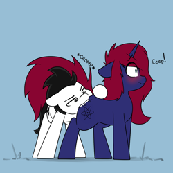 Size: 2342x2341 | Tagged: safe, artist:vipy, oc, oc only, oc:lumera, oc:vipy, earth pony, pony, unicorn, biting, blue background, blushing, butt bite, chomp, duo, high res, literal butthurt, pain, simple background