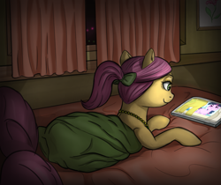 Size: 1211x1016 | Tagged: safe, artist:celsian, lemon hearts, posey bloom, twilight sparkle, twinkleshine, earth pony, pony, unicorn, mlp fim's twelfth anniversary, friendship is magic, g4, g5, bedroom, blanket, bow, female, hair bow, jewelry, lying down, mare, nightmare night, pillow, prone, tablet, unicorn twilight, when you see it