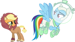 Size: 5381x3000 | Tagged: safe, artist:cloudy glow, applejack, rainbow dash, earth pony, pegasus, pony, g4, scare master, .ai available, animal costume, applelion, astrodash, clothes, costume, duo, simple background, transparent background, vector