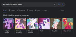 Size: 818x399 | Tagged: safe, screencap, big macintosh, cozy glow, princess cadance, princess celestia, rarity, twilight sparkle, alicorn, earth pony, pegasus, pony, unicorn, g4, female, filly, foal, google, google search, group, male, mare, stallion, text, twilight sparkle (alicorn)