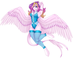 Size: 2898x2308 | Tagged: safe, artist:ouijaa, oc, oc only, oc:darling, pegasus, anthro, unguligrade anthro, arm behind head, blue eyes, blue underwear, clothes, feathered tail, fishnet stockings, high res, lace, leg warmers, leonine tail, lingerie, long hair, pink body, simple background, socks, solo, spread wings, tail, thigh highs, transparent background, underwear, velvet, wings