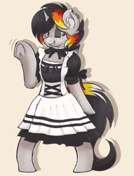 Size: 2388x3120 | Tagged: safe, artist:czu, artist:sugar morning, oc, oc only, oc:moonshine, pony, unicorn, bipedal, clothes, completed sketch, cute, dress, ear fluff, ear piercing, female, freckles, frog (hoof), high res, horn, looking at you, maid, mare, one eye closed, piercing, pony oc, solo, standing, underhoof, unicorn oc, wave, waving at you, wink, winking at you
