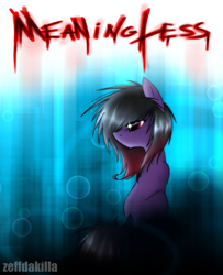 Size: 1865x2300 | Tagged: safe, artist:zeffdakilla, oc, oc only, oc:frankie fang, pony, abstract background, black mane, blood, blood text, emo, looking away, looking left, looking sideways, purple fur, scene, sitting, solo, turned away