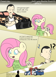 Size: 2550x3509 | Tagged: safe, artist:sparkfler85, derpibooru exclusive, part of a set, fluttershy, human, pegasus, pony, g4, bmw, bmw m3, bow, car, clothes, comic, crossover, dialogue, exclamation point, female, ford, ford mustang, gift wrapped, high res, interrobang, mare, need for speed, need for speed most wanted, present, question mark, razor callahan, shirt, sweater, t-shirt, talking, tattoo, text, vehicle