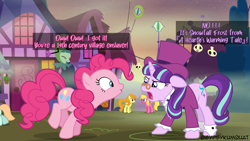 Size: 3840x2160 | Tagged: safe, artist:gypsykumquat, pinkie pie, snowfall frost, starlight glimmer, a hearth's warming tail, g4, angry, clothes, costume, frock coat, halloween, halloween costume, hat, high res, holiday, jabot, shirt, show accurate, spats, text, top hat, vector