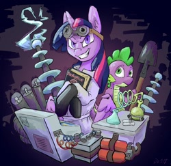 Size: 1500x1458 | Tagged: source needed, useless source url, safe, artist:danton-y17, spike, twilight sparkle, alicorn, dragon, pony, .mov, g4, book, clothes, duo, electricity, gloves, lab coat, laboratory