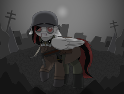 Size: 5000x3800 | Tagged: safe, artist:suidian, oc, pegasus, pony, blood, boots, clothes, dark, destroyed, glasses, gun, helmet, nosebleed, ruins, shoes, solo, stahlhelm, striped mane, uniform, weapon