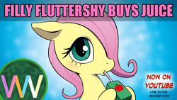 Size: 1920x1080 | Tagged: safe, artist:doublewbrothers, fluttershy, pegasus, pony, g4, cute, female, filly, filly fluttershy, flutterjuice, hair over one eye, juice, juice box, shyabetes, younger