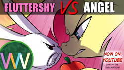 Size: 1920x1080 | Tagged: safe, artist:doublewbrothers, angel bunny, fluttershy, pony, rabbit, angry, animal, apple, food, gritted teeth, looking at each other, looking at someone, nose to nose, teeth, youtube thumbnail