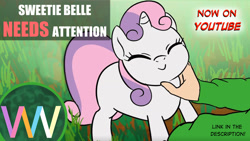 Size: 1280x720 | Tagged: safe, artist:doublewbrothers, sweetie belle, human, lamb, pony, sheep, unicorn, g4, cute, diasweetes, eyes closed, human on pony petting, petting, smiling, youtube thumbnail