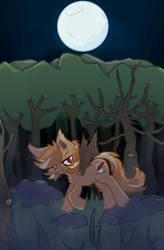 Size: 640x978 | Tagged: safe, artist:foxtrnal, oc, oc only, oc:amber wings, oc:max, bat pony, pony, bat ponified, fluffy, forest background, freckles, grass, male, moon, night, race swap, red eyes, reddit, rock, solo, stallion, stars
