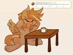 Size: 640x486 | Tagged: safe, artist:foxtrnal, oc, oc only, oc:amber wings, oc:max, pegasus, pony, comments, cream background, ear fluff, freckles, hooves on cheeks, male, mug, pegasus oc, reddit, simple background, sitting, solo, stallion, table