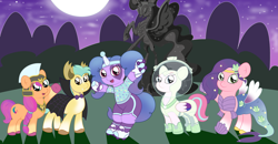 Size: 7215x3750 | Tagged: safe, artist:sparkfler85, derpibooru exclusive, hitch trailblazer, izzy moonbow, nightmare moon, pipp petals, sunny starscout, zipp storm, earth pony, mermaid, pegasus, pony, unicorn, mlp fim's twelfth anniversary, g5, absurd resolution, alternate hairstyle, armor, astronaut, batpony costume, boots, bowtie, cape, clothes, costume, disco ball, fake ears, fangs, female, full moon, generation leap, halloween, halloween costume, helmet, hill, izzy impaling things, male, mane five, moon, mountain, nightmare night, nightmare night costume, pants, roller skates, royal guard armor, shell, shirt, shoes, socks, space helmet, spacesuit, statue, sweatband
