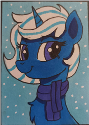 Size: 1993x2822 | Tagged: safe, artist:aking, oc, oc only, oc:snowy smarty, pony, unicorn, bust, clothes, looking at you, marker drawing, portrait, scarf, snow, solo, traditional art