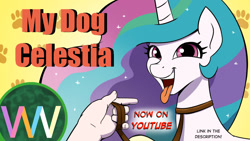 Size: 1280x720 | Tagged: safe, artist:doublewbrothers, princess celestia, alicorn, human, pony, g4, 2021, behaving like a dog, collar, hand, leash, old art, open mouth, pony pet, sunmutt, tongue out, youtube thumbnail