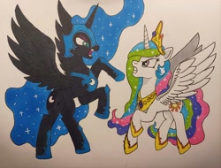 Size: 3889x2956 | Tagged: safe, artist:aking, nightmare moon, princess celestia, alicorn, pony, g4, high res, marker drawing, simple background, spread wings, traditional art, white background, wings