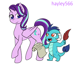 Size: 2448x2213 | Tagged: safe, artist:hayley566, princess ember, spike, starlight glimmer, twilight sparkle, alicorn, dragon, pony, series:redemptiverse, g4, alicornified, alternate universe, baby dragon, baby ember, dragoness, duo, female, high res, paper, quill, race swap, role reversal, simple background, smiling, starlicorn, transparent background, younger