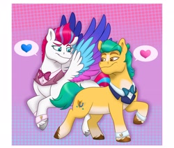 Size: 2793x2370 | Tagged: safe, artist:bella-pink-savage, hitch trailblazer, zipp storm, earth pony, pegasus, pony, baby critters, g5, my little pony: tell your tale, spoiler:g5, spoiler:my little pony: tell your tale, spoiler:tyts01e32, bowtie, clothes, female, heart, high res, looking at each other, looking at someone, male, mare, ship:stormblazer, shipping, spread wings, stallion, straight, tuxedo, wings