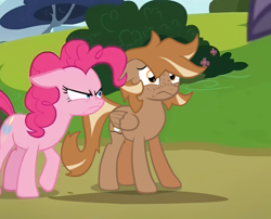 Size: 640x518 | Tagged: safe, artist:foxtrnal, edit, edited screencap, screencap, pinkie pie, oc, oc:amber wings, oc:max, earth pony, pegasus, pony, g4, rock solid friendship, duo, duo male and female, female, male, mare, pegasus oc, reddit, screenshot redraw, stallion, uncomfortable