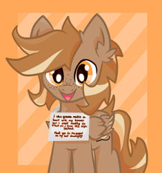 Size: 320x341 | Tagged: safe, artist:foxtrnal, oc, oc only, oc:amber wings, oc:max, pegasus, pony, alternate versions at source, ear fluff, frame, freckles, male, pegasus oc, reddit, sign, solo, stallion, striped background
