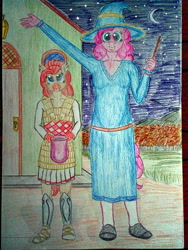 Size: 3072x4096 | Tagged: safe, artist:mildgyth, derpibooru exclusive, pinkie pie, oc, oc:spongecake, classical hippogriff, hippogriff, anthro, mlp fim's twelfth anniversary, ziragshabdarverse, g4, armor, bag, clothes, costume, crescent moon, dress, duo, duo female, female, full body, halloween, hat, high res, holding, holiday, linothorax, looking at you, moon, night, nightmare night costume, open mouth, open smile, outdoors, raised arm, smiling, smiling at you, standing, traditional art, trick or treat, wand, witch hat