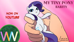 Size: 1280x720 | Tagged: safe, artist:doublewbrothers, rarity, human, pony, unicorn, my tiny pony, g4, 2021, cute, hand, in goliath's palm, micro, old art, raribetes, size difference, tiny, tiny ponies, youtube thumbnail