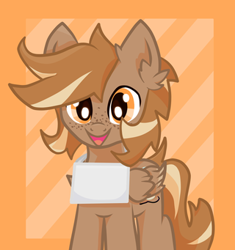 Size: 320x341 | Tagged: safe, alternate version, artist:foxtrnal, oc, oc only, oc:amber wings, oc:max, pegasus, pony, alternate versions at source, ear fluff, frame, freckles, male, pegasus oc, reddit, sign, solo, stallion, striped background, textless version