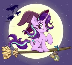 Size: 1000x900 | Tagged: safe, artist:nedemai, starlight glimmer, bat, pony, unicorn, g4, broom, female, flying, flying broomstick, hat, lantern, mare, moon, nightmare night, solo, witch hat