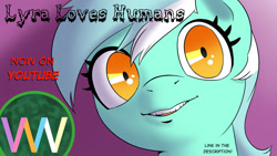 Size: 1280x720 | Tagged: safe, artist:doublewbrothers, lyra heartstrings, pony, unicorn, g4, 2021, creepy, creepy smile, humie, looking at you, old art, shrunken pupils, smiling, youtube thumbnail