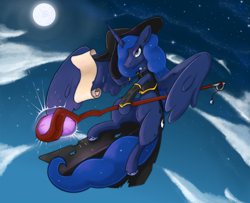 Size: 2000x1625 | Tagged: safe, artist:wild-thunder06, princess luna, alicorn, pony, g4, clothes, cloud, costume, female, flying, full moon, halloween, hat, holiday, lidded eyes, magic staff, mare, moon, night, nightmare night, scroll, solo, witch costume, witch hat