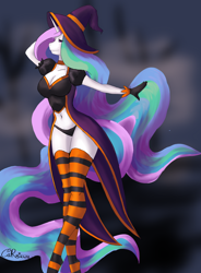 Size: 1668x2266 | Tagged: safe, artist:carmiuwu, princess celestia, alicorn, pony, unicorn, anthro, g4, belly button, breasts, clothes, costume, fanart, halloween, halloween costume, holiday, socks, striped socks