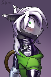 Size: 2000x3000 | Tagged: oc name needed, safe, artist:jedayskayvoker, oc, oc only, hybrid, pony, bust, clothes, gradient background, high res, hoodie, icon, latex, latex suit, looking at you, male, patreon, patreon reward, portrait, rubber, solo, stallion