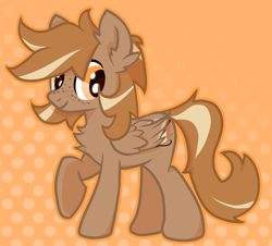Size: 640x579 | Tagged: safe, artist:foxtrnal, oc, oc only, oc:amber wings, oc:max, pegasus, pony, abstract background, chest fluff, ear fluff, folded wings, freckles, looking at you, male, outline, pegasus oc, raised hoof, smiling, smiling at you, solo, stallion, standing, tail, two toned mane, two toned tail, wings