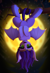 Size: 3489x5032 | Tagged: safe, artist:dinoalpaka, pipp petals, bat pony, pony, mlp fim's twelfth anniversary, g5, bat pipp, bat ponified, fangs, female, looking at you, mare, open mouth, open smile, prehensile tail, race swap, slit pupils, smiling, solo, suspended, tail, upside down, wings