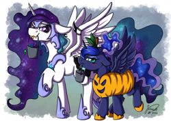 Size: 1920x1358 | Tagged: safe, artist:julunis14, nightmare moon, princess celestia, princess luna, alicorn, pony, g4, blushing, bucket, candy, clothes, costume, fangs, floppy ears, food, halloween, holiday, jack-o-lantern, luna is not amused, mouth hold, nightmare moon armor, pumpkin, royal sisters, siblings, sisters, tongue out, unamused